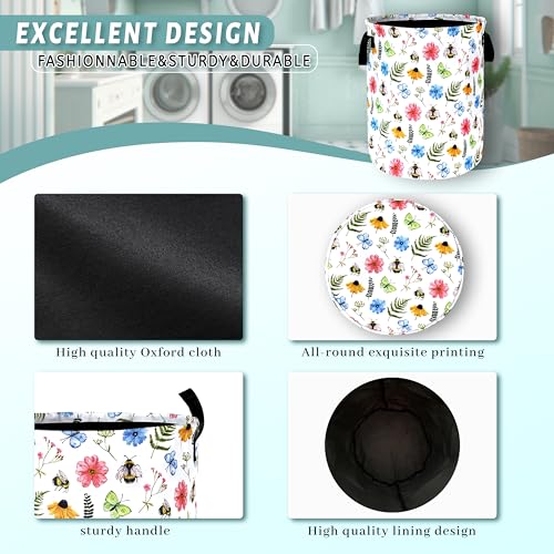 Cute Bee Floral Laundry Basket Oxford Cloth Foldable Hamper 18.9x16.5Inch - color: Cute Bees With Floral Flowers