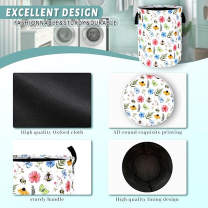 Cute Bee Floral Laundry Basket Oxford Cloth Foldable Hamper 18.9x16.5Inch - color: Cute Bees With Floral Flowers