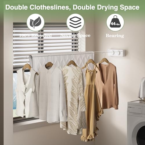 Danpoo Retractable Clothesline, Anti-Sag Adjustable Knob Heavy-Duty Clothes Line for Indoors/Outdoors with 2 * 13.8ft Stainless Steel Wire, Laundry Wall Drying Solutions - style: White