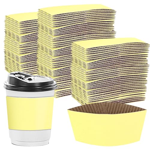 Disposable Coffee Cup Sleeves Corrugated Kraft Paper Coffee Cup Sleeves Holder Protective Insulated Heat Espresso ForHot Drinks 8-24oz (Yellow, 100 Pcs) - color: Yellow, size: 100 Pcs