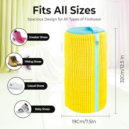 2PCS Shoe Washing Machine Bag with Pair of Shoes Tree and 4 Deodorizer Balls, Durable Zipper Reusable Shoe Washing Bag with 20000+ Fluffy Fiber Lining For 360° Cleaning for Sneakers - color: Yellow