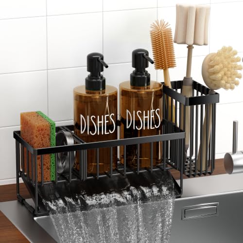 MASADI Kitchen Dish Soap Dispenser Set with Sponge Holder, 12OZ Glass Bottle, Hand and Dish Soap Dispenser Set, Non-Slip Silicone Pad, Brush Holder, Kitchen Sink Organizer Countertop (Black+Amber) - color: Black+amber