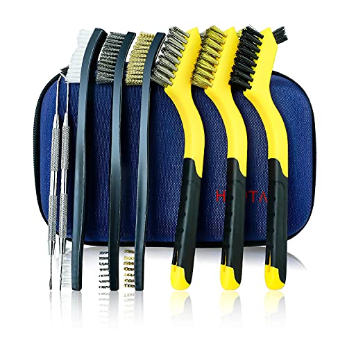 Small Wire Brush Set - 8 Pieces Brass Stainless Steel Nylon Brushes - color: Navy