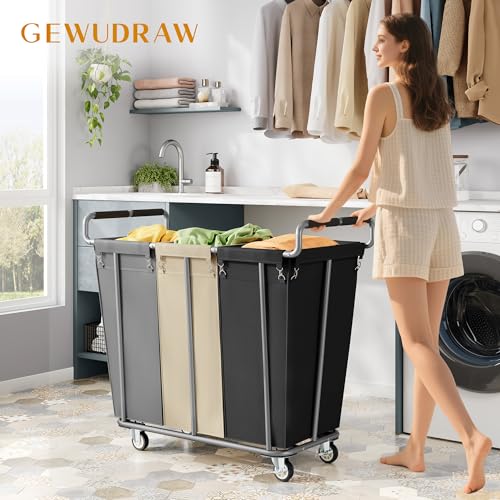 Gewudraw 3 Section Rolling Laundry Sorter Cart with Wheels, 360L - color: Black & Khaki & Grey, size: 3-Section-360L