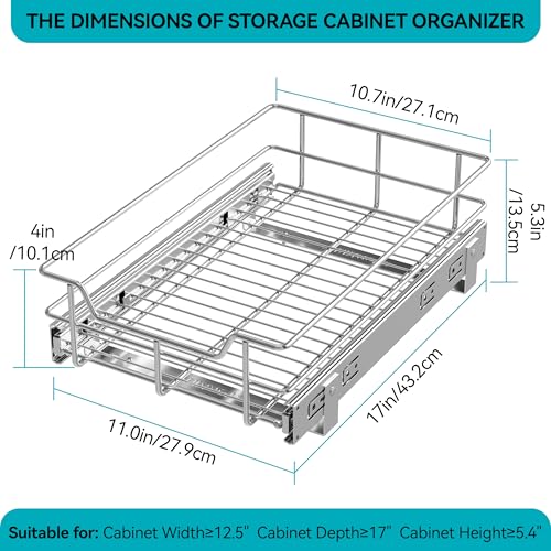 Pull Out Cabinet Organizer 11" W X 17" D, Chromed, Full Slide Out Drawers - color: 1 Tier - Chrome-Plated, size: 11" W X 17" D