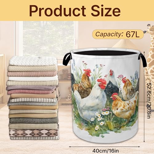 Chicken Rooster Laundry Basket,Green Grass Collapsible Laundry Baskets with Handles,Waterproof Oxford Cloth Hamper,Storage Organizer for Bathroom Bedroom Dorm - color: Chicken Rooster,Green Grass