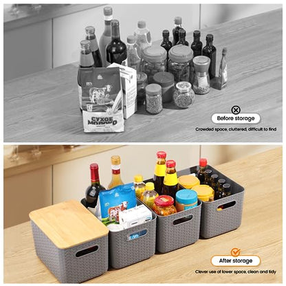 Ohmlove 4 Pack Storage Bins with Bamboo Lids,Stackable Box for Organization - color: Gray