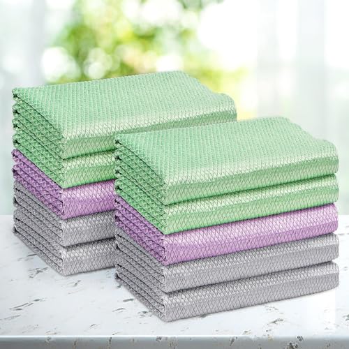 10 Pack Microfiber Glass Cleaning Cloth, 9.84x9.84 Inch Lint Free Window Cleaning Wipes, Work for Glasses, Windshields, Mirrors, and Stainless Steel, Grey Green Purple