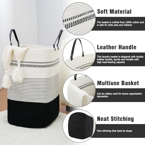 danpinera 100L Nursery Hamper, Tall Woven Laundry Basket with Long Leather Handles, Boho Laundry Hamper for Living Room & Bedroom, Eco-friendly & Convenient Decorative Storage Basket, White & Black - color: White & Black, size: 100L Square