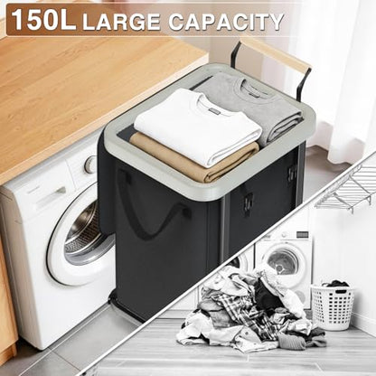 Laundry Hamper with Lid,150L Rolling Laundry Basket with Wheels & Handle - color: Black Gray, size: 1 Section