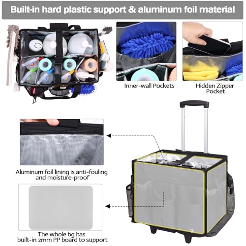 Rolling Cleaning Caddy Bag Built-in Hard Plastic Sheet Detachable Trolley - color: Black