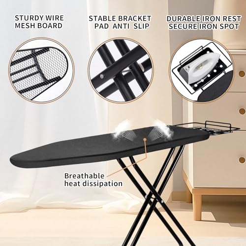 Ironing Board, 43x14 Inch Iron Board with Steam Rest, Heavy Duty Metal Frame Legs Ironing Table with Heat Resistant Cover Mat, Foldable Full Size Hanger Ironing Stand (Black, 52" L x 14" W x 34.6" H) - color: Black