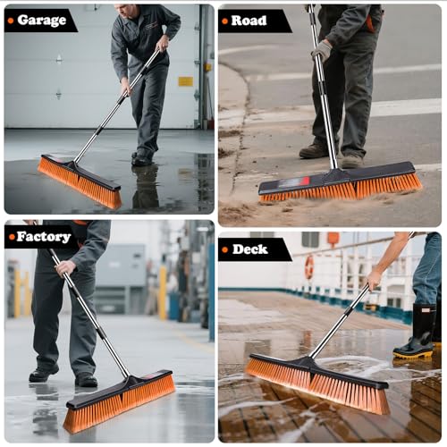 24" Push Broom Outdoor, Heavy Duty Garden Brush Broom with 58" Long Handle - color: Push Broom Orange