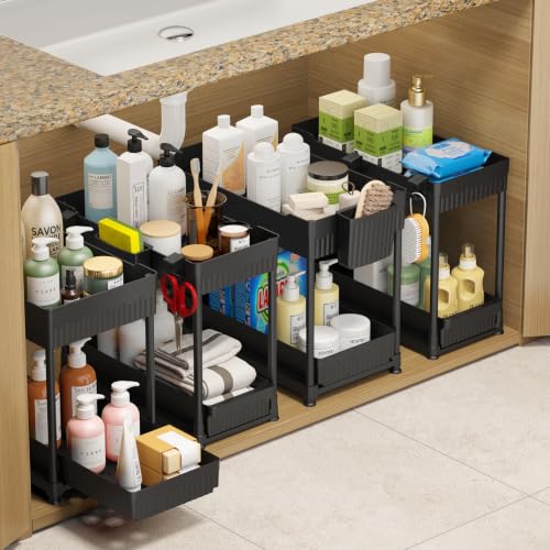 Sevenblue 4-Pack 2-Tier Under Sink Organizer with Pull Out Drawers - color: Black, size: 14.8 Inch