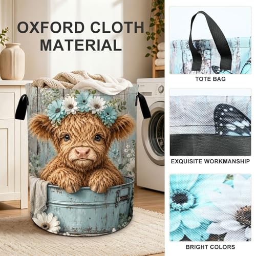 Highland Cow Laundry Basket Collapsible Oxford Laundry Hamper Clothes Storage Bin with Handles for Bedroom Bathroom Laundry Room 19.6 x 15.7 Inches - color: Highland Cow