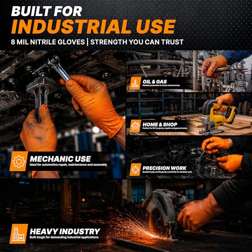 TitanFlex Heavy Duty Industrial Orange Nitrile Gloves, 8-mil, Gloves Disposable Latex Free with Raised Diamond Texture Grip, Powder Free, Rubber Glove, Mechanic Gloves,1000-ct Case (XXL) - color: 03 8mil (1000ct), size: XX-Large