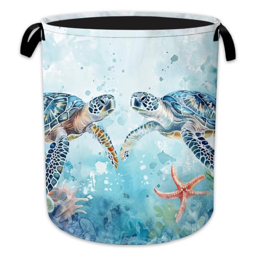 Sea Turtle Laundry Basket, Ocean Watercolor Collapsible Laundry Hamper Waterproof Oxford Cloth With Handles, Clothes Storage Bucket For Bathroom/Bedroom 16" x 20.8" - color: Sea Turtle