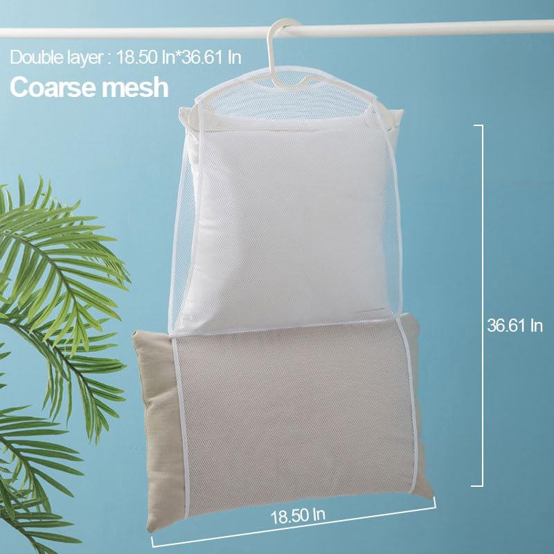 Pillows Drying Rack, Folded Double Layer Mesh Net Bags for Rectangle Square Pillow Cushion Clothes Shoes, Heavy-Duty Hanger Organizer for Outdoor Indoor Dryer, White