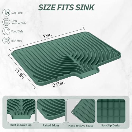 Dish Drying Mat for Kitchen Counter, with Built-in Drain Lip, Food-Grade Silicone, Easy Clean Pad for Countertop Protection, Multi-Functional Use (18x11.8, Dark Green) - color: Green, style: 18x11.8