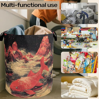 Japanese Style Red Fish Laundry Basket - Heavy Duty 60L Dirty Clothes Organizer, Water Resistant Foldable Hamper for Men Women - color: Japanese Style Red Fish
