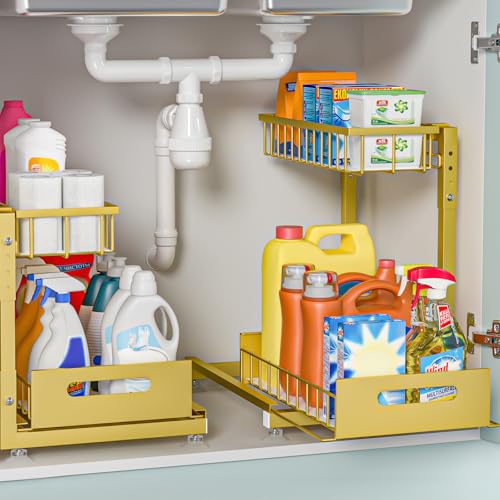 Saydear 2-Pack L-Shaped Under Sink Organizer, 2-Tier Pull-out Cabinet Rack - color: Gold V2.0, size: 2 Pack