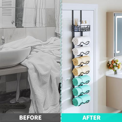 HapiRm Over The Door Towel Rack - 8 Tier Wall Mount Rolled Towel Holder Storage Organizer Shelf with Storage Basket for Small Bathroom, Rv, Camper - Black - size: 8-Tier Wall Mounted