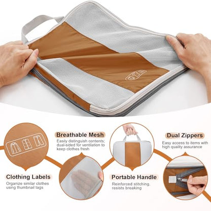 OlarHike 10 Set Compression Packing Cubes for Travel Essentials,Compressible Expandable Space Saver Bags for Organizing Clothes,Luggage Suitcase Garment Bags with Over 1000 pcs Mesh Holes(Brown) - color: Brown