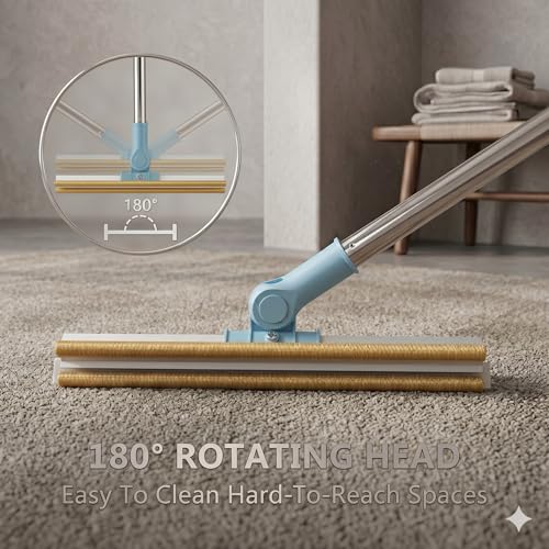 Pet Carpet Rake Hair Remover, Y-Type Reusable Hair Remover for Mats, Rugs, and Sofas; Cat & Dog Hair Removal Tool with 54 Inch Adjustable Long Handle - （Blue）