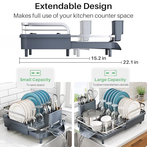 SNTD Expandable Dish Drying Rack for Kitchen Counter, 15.2-22.1 in, Gray - color: Gray