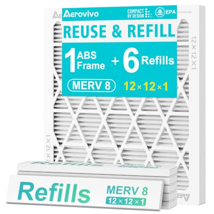 Refillable 12x12x1 Air Filter MERV 8, Reusable Frame & 6 Refills - size: 12" x 12" x 1"