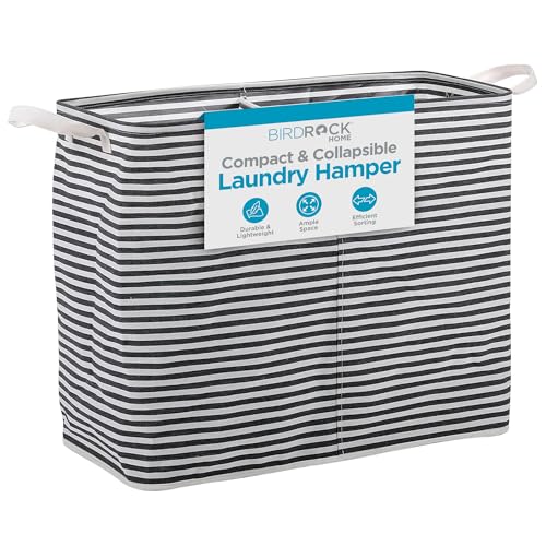BIRDROCK HOME Collapsible Double Laundry Hamper Basket - Grey & White Stripes Sorter Bin - Compact Dirty Clothes Organizer Bag - Divided Section