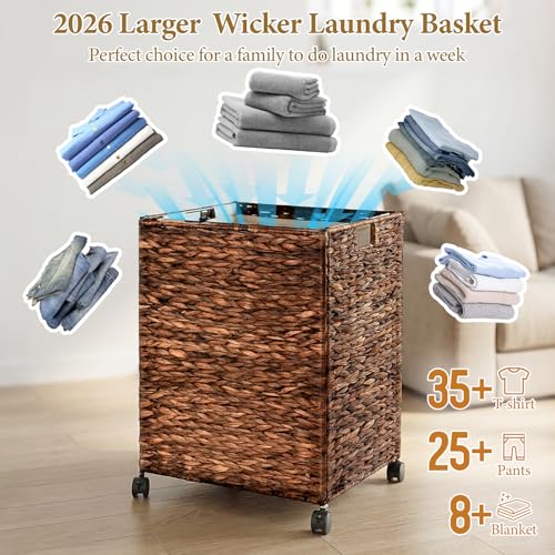 Livole Wicker Laundry Hamper with Lid & Wheel, Rattan Laundry Basket, 90L - color: Brown, size: 90L