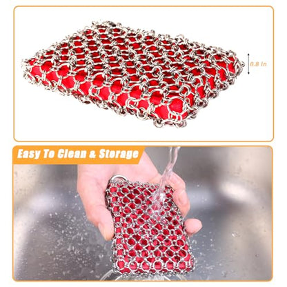 TEZZ Cast Iron Scrubber, Skillet Chainmail Scrubber for Cast Iron Pan - Chain Mail Scrubber Cast Iron Sponge - Metal Scrubber Cast Iron Skillet Cleaner, Wok, Frying Pans, Dutch Oven Cleaning Scrubber