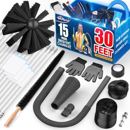 Sealegend 15-Piece Dryer Vent Cleaner Kit Omnidirectional Dryer Cleaning Kit Include 30 Feet Dryer Vent Brush, Black Dryer Lint Vacuum Attachment&Dryer Lint Trap Brush, Vacuum & Dryer Adapters - size: 30FT