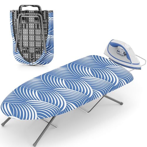 KINGBOARD Small Tabletop Ironing Board with Iron Rest 30x12 Blue and White - color: Blue