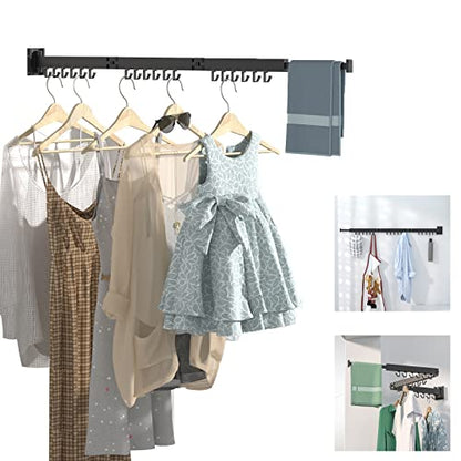 ptlsy Wall Mounted Portable Folding Clothes Drying Rack with Hooks,Space Saver Clothes Hangers Design Universal for Balcony, Mudroom, Bedroom, Kitchen, Foldable Laundry Rack (3-Pole Black) - style: M-3-Black