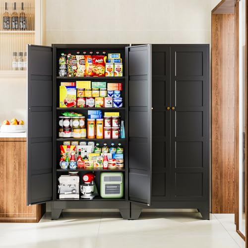 Letaya 71" H Metal Storage Cabinet with 2 Doors and 4 Shelves,Tall Kitchen Pantry Cabinets,Utility Pantry Organizers for Cupboard/Dining/Bathroom/Home Office/Garage (Black, 71" H x 16" D x 32" W) - color: Black, size: 16"D x 32"W x71"H-C