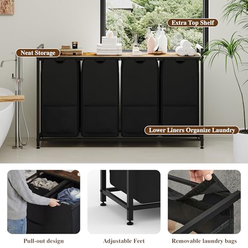 47-Inch Wide Laundry Sorter, 4 Section Hamper Basket Organizer - size: 4 Bags-194L / Rustic Brown + Black