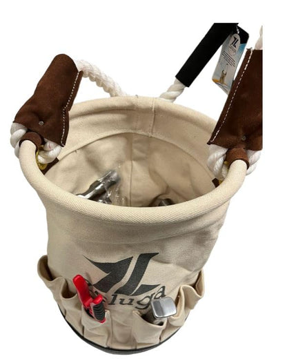 Zeluga 20-385 28 oz. Utility Canvas Bucket with Heavy Duty Plastic Bottom, Collapsible Canvas Bucket, 12 Outside Pockets Organizers Bolt Bucket, White