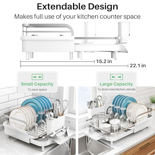SNTD Expandable Dish Drying Rack for Kitchen Counter, 15.2-22.1 in, White - color: White