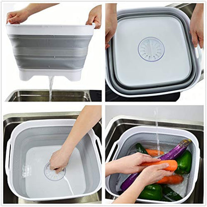 SAMMART 10L (2.64 gallon) Collapsible Dishpan with Draining Plug - Foldable Washing Basin - Portable Dish Washing Tub - Space Saving Kitchen Storage Tray (1, White/Grey) - color: White/Grey