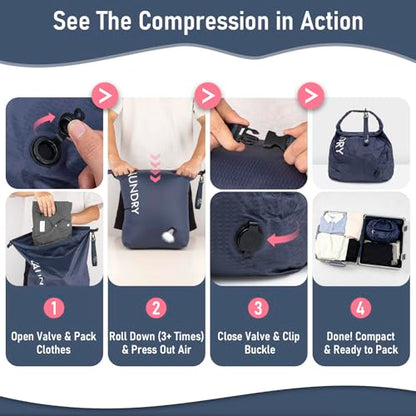 WiseBoy 2 Pack Travel Laundry Bag, Compression Storage for Dirty Clothes - color: Navy & Pink