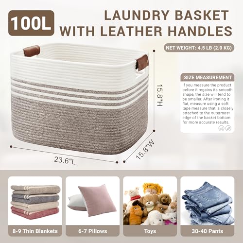 100L Woven Laundry Basket Hamper with Leather Handles,Dark Brown - color: Dark Brown, size: 100L