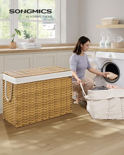 SONGMICS Laundry Hamper with Lid, 52.8 Gal (200 L) Synthetic Rattan,Foldable - color: Goose Yellow, size: 200 L