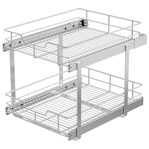 2 Tier Pull Out Cabinet Organizer 18" W X 22" D, Chromed, Full Slide Out - color: 2 Tier - Chrome-Plated, size: 18" W X 22" D