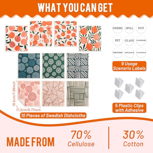 Lucomb 10 Pack Swedish Dishcloths with Hanging Clips, Reusable Swedish Dish Towels Biodegradable Cellulose Cleaning Cloths Washable Dish Wipes for Kitchen Home Office(Quick Drying & Super Absorb) - color: Peach Prints