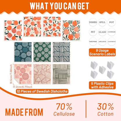 Lucomb 10 Pack Swedish Dishcloths with Hanging Clips, Reusable Swedish Dish Towels Biodegradable Cellulose Cleaning Cloths Washable Dish Wipes for Kitchen Home Office(Quick Drying & Super Absorb) - color: Peach Prints