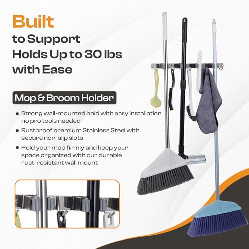 Stainless Steel Broom Holder Wall Mount, 4 Racks & 5 Hooks - size: 4 Racks & 5 Hooks