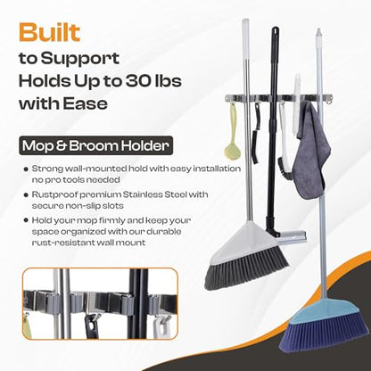 Stainless Steel Broom Holder Wall Mount, 4 Racks & 5 Hooks - size: 4 Racks & 5 Hooks
