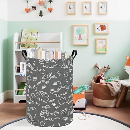 Round Dinosaur Laundry Hamper, Cotton Canvas Teen Room Storage Bin - color: Round Gray Line Dinosaur